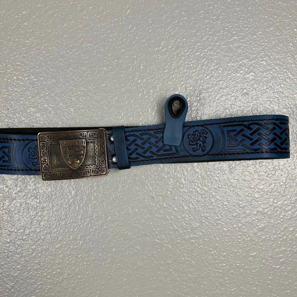 Size XXL Sport Kilt Belt Blue Gold Buckle Lion Black Filigree Detail Velcro